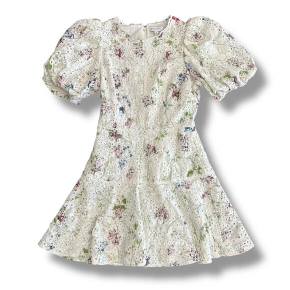 Gianni Bini Women’s Floral Eyelet Puff Sleeve Mini Dress White Size 4 Lined - Picture 1 of 10